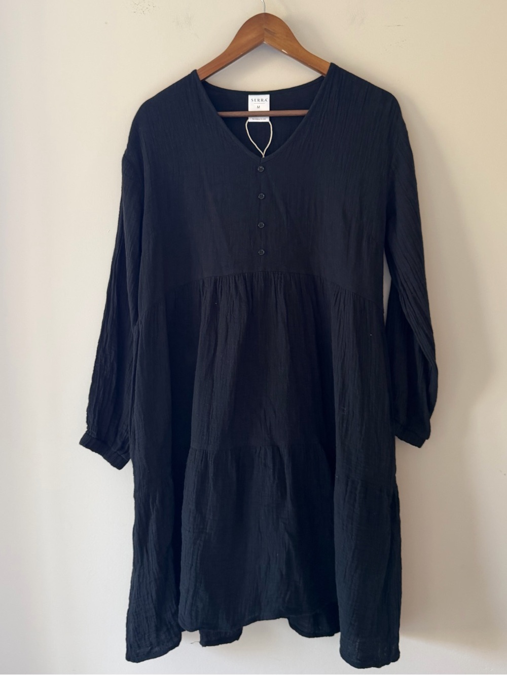 Serra Black 100% Cotton Button-Front Tiered Long-Sleeve Midi Dress Size Medium